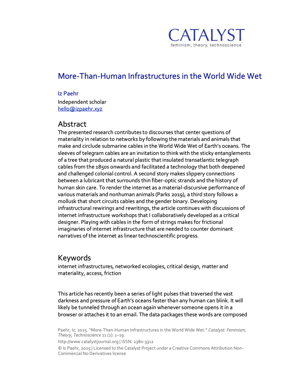 This screenshot shows the article as it is presented in the online journal. A header reads: CATALYST. feminism, theory, technoscience, with the headline of the article following: More-Than-Human Infrastructures in the World Wide Wet. The abstract is printed below, with keywords following.