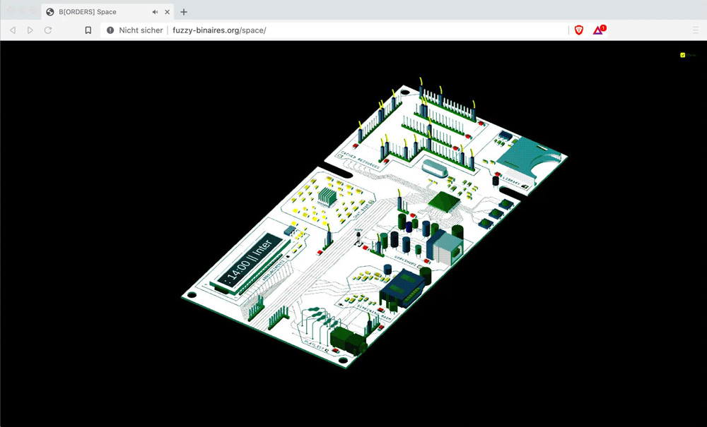 Isometric 3D view of rectangular circuit board over black background. The board consists of discrete electronics, pin connectors and an LCD screen in the upper right corner.
