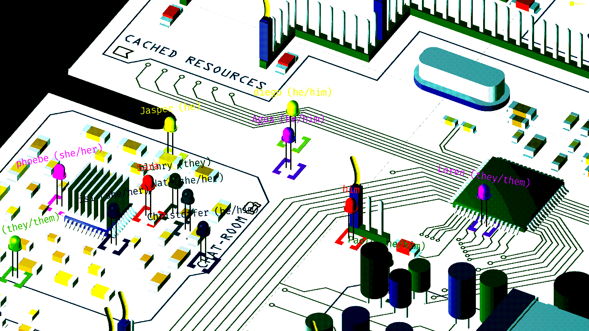 The camera is zoomed in on the rectangular circuit board and shows distinct but connected regions on its surface. On the left upper corner the words "Cached Resources" are written on the board, whereas the left corner reads "Chat Room". Between these areas and electronic components, workshop participants move as LEDs.