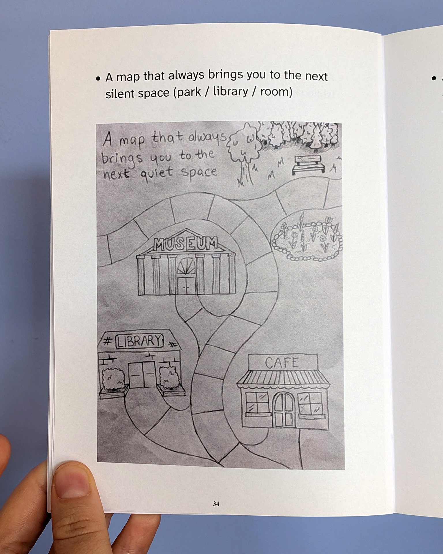 This page, photographed against a blue wall, shows a sketch. The sketch is titled: A map that always brings you to the next silent space (park/library/room). It shows buildings on a map connected by a sidewalk. The locations on the map include a park, a flower bed, a museum, a cafe, and a library.