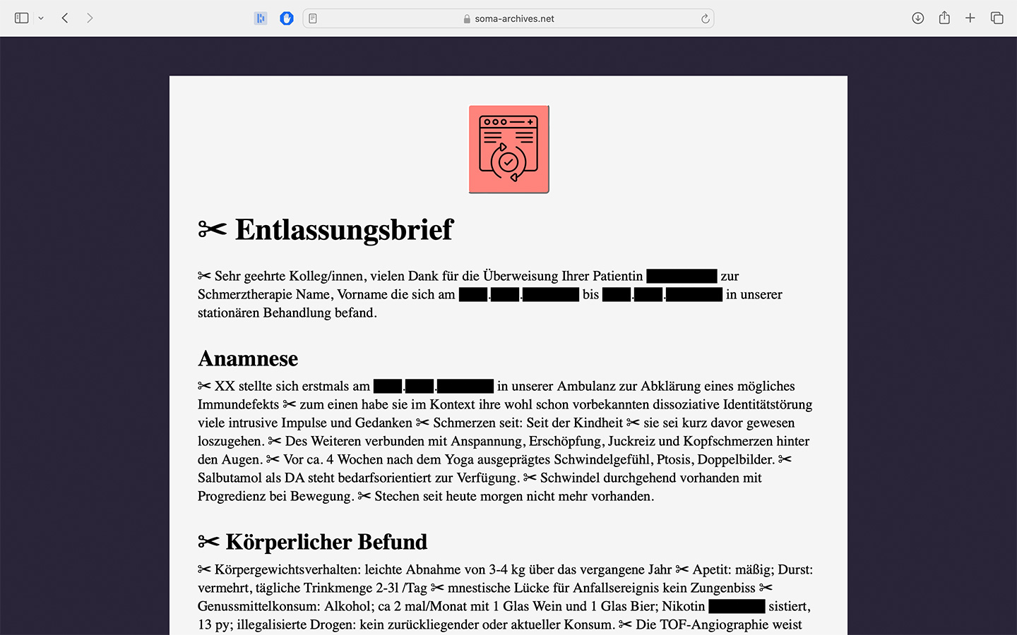 A website presents a medical letter in German. As this letter is a collage of multiple real medical letters of members of Sickness Affinity Group, some parts of the letter are blacked out. Some words in the letter have icons of scissors in front: these indicate where parts of different new letters start.