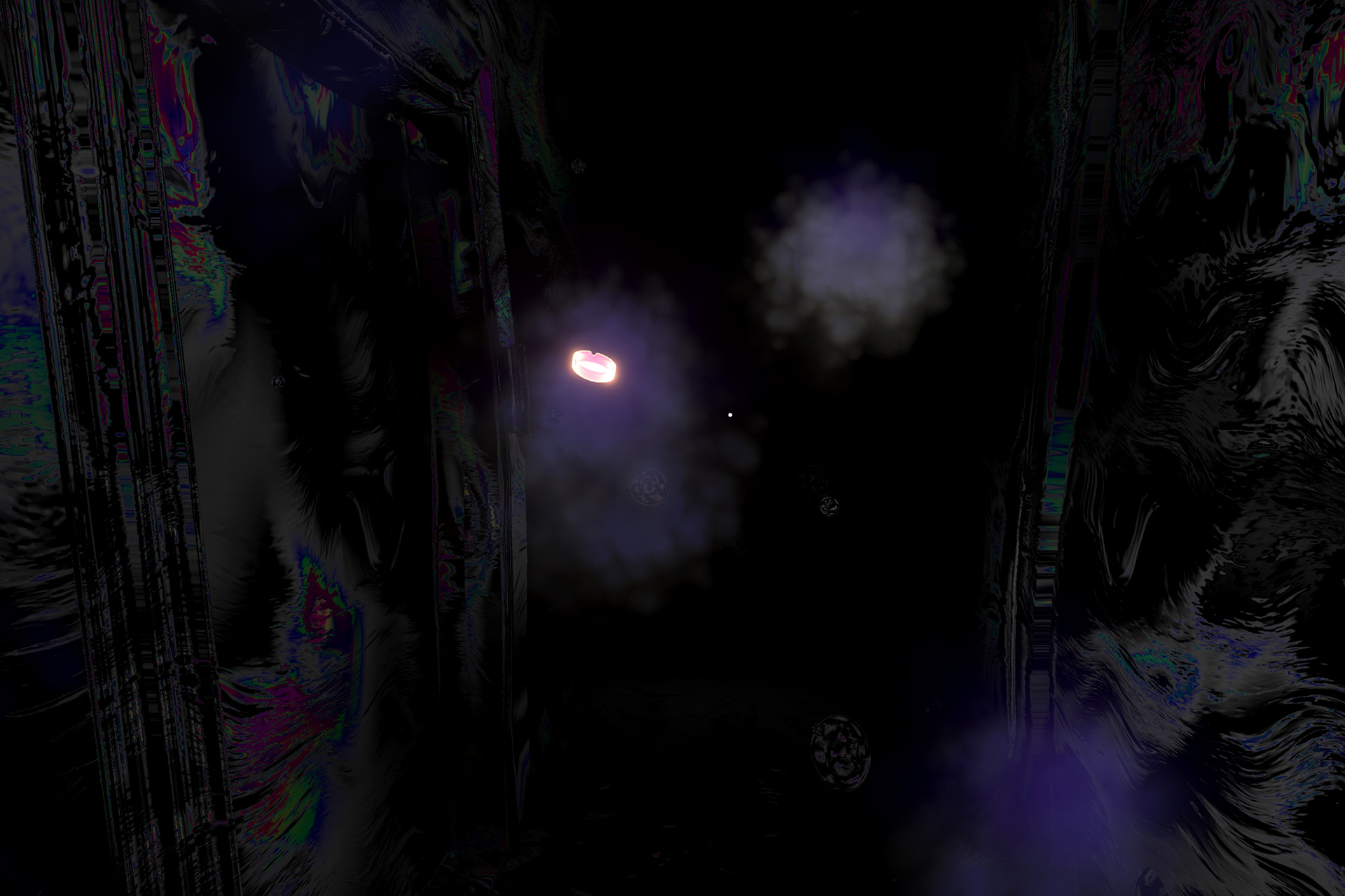 This ingame screenshot shows shimmering crude oil covering walls, ceiling, and floor. A small objects, maybe an ash tray, floats through the image as though not held by gravity.