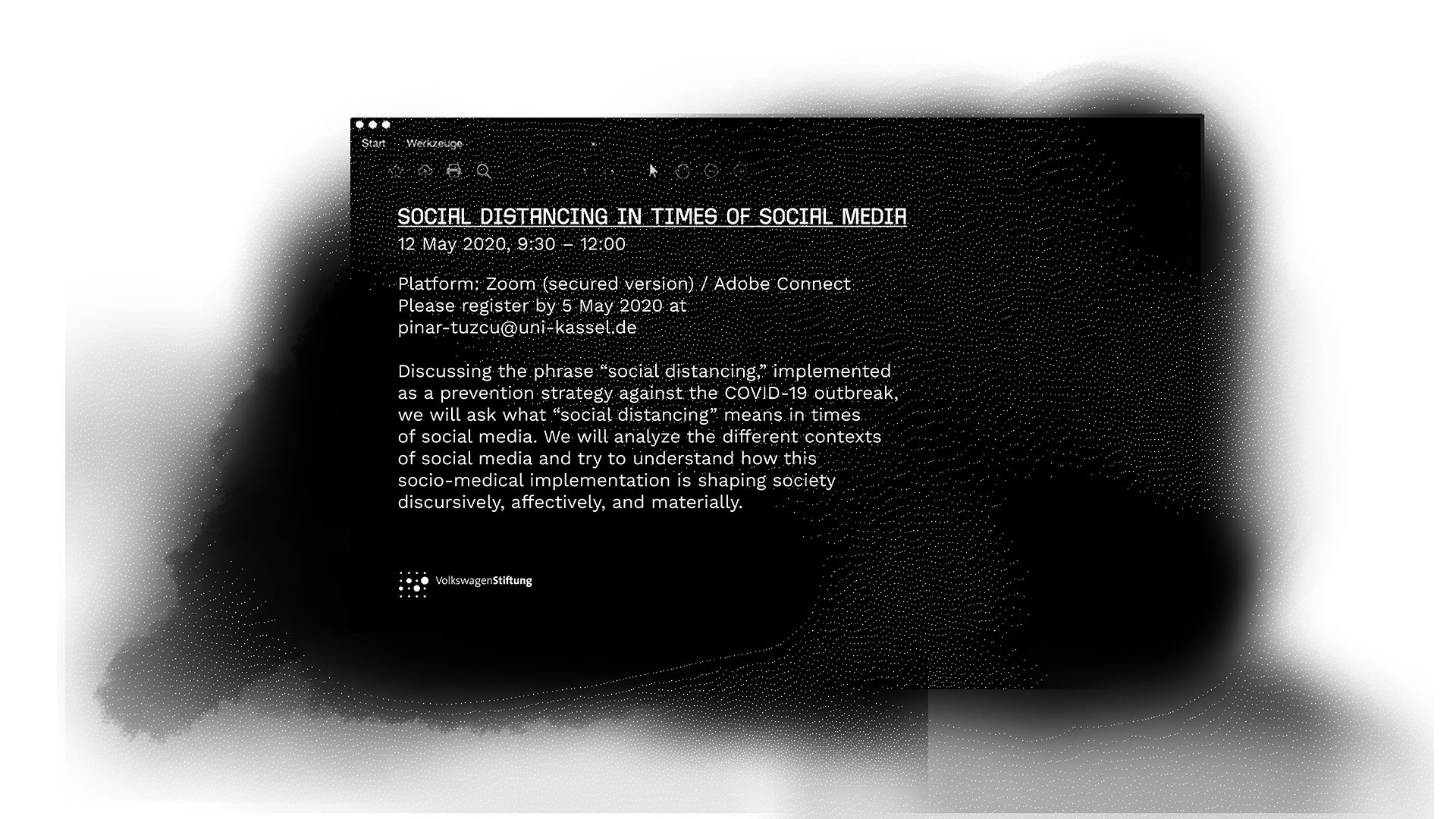 A visual announces the lab Social Distancing in Times of Social Media that is scheduled for May 2020. The visual looks like a browser tab in black that oozes outwards, smearing pixels along its edges.
