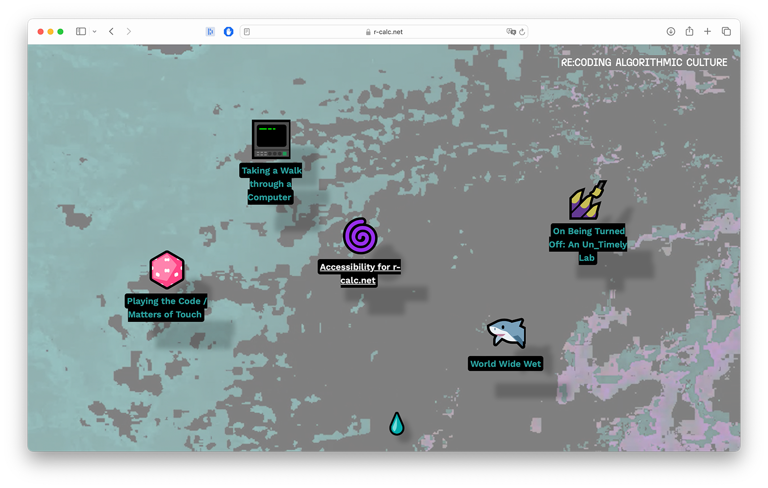 A web page titled RECODING ALGORITHMIC CULTURE with a pixelated background video. It features icons labeled Taking a Walk through a Computer, On Being Torn Off: An Un-Timely Lab, World Wide Wet, Playing the Code - Matters of Touch, and Accessibility for r-calc.net.