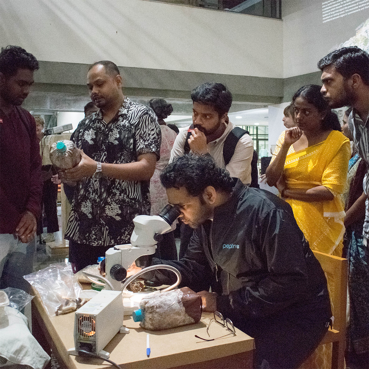 A group of people gather around a table where a person examines a mushroom under a microscope. Others look on with interest, with one person pointing at the mushroom. There are various materials such as spore bags, magnifying glasses and petri dishes on the table.